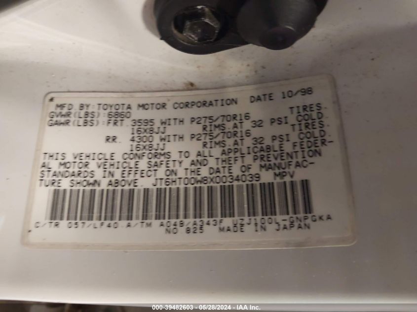 1999 Lexus Lx 470 VIN: JT6HT00W8X0034039 Lot: 39482603