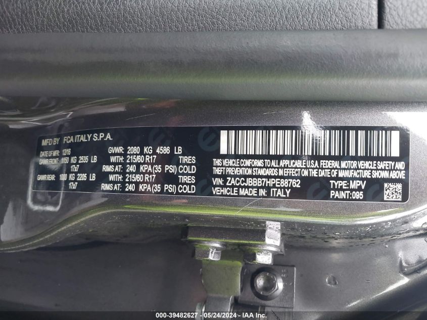 2017 Jeep Renegade Latitude 4X4 VIN: ZACCJBBB7HPE88762 Lot: 39482627