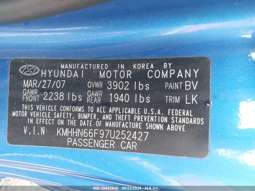 2007 Hyundai Tiburon Gt/Gt Limited/Se VIN: KMHHN66F97U252427 Lot: 39482640