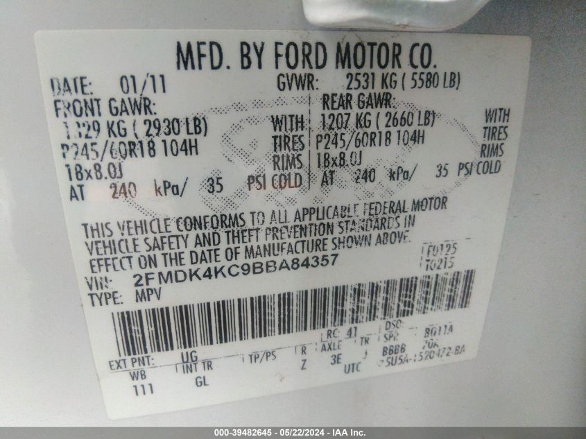 2011 Ford Edge Limited VIN: 2FMDK4KC9BBA84357 Lot: 39482645