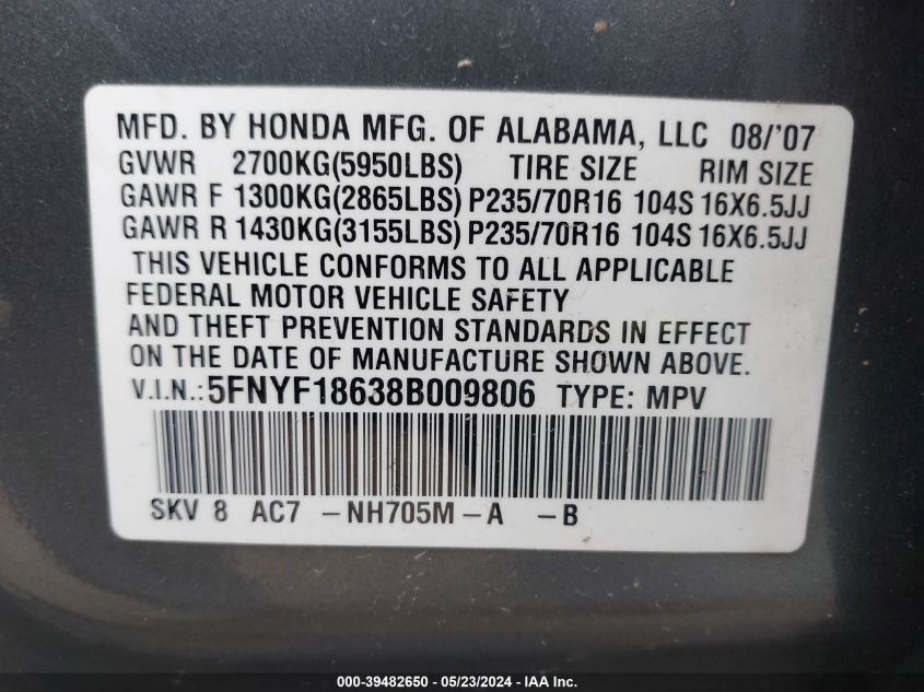 2008 Honda Pilot Ex-L VIN: 5FNYF18638B009806 Lot: 39482650