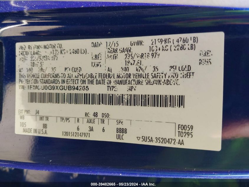 2016 Ford Escape Se VIN: 1FMCU0G9XGUB94265 Lot: 39482665