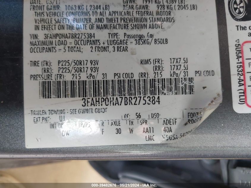 2011 Ford Fusion Se VIN: 3FAHP0HA7BR275384 Lot: 39482676