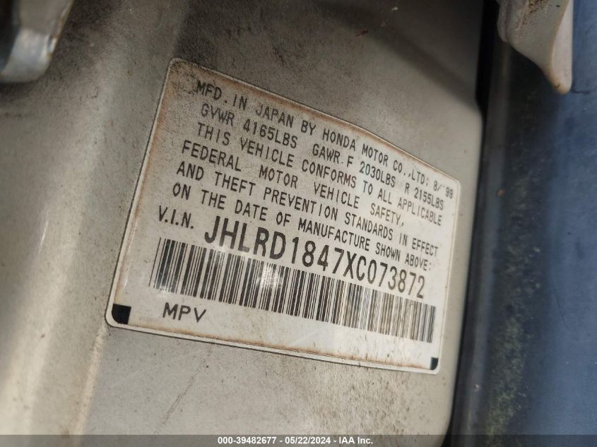 1999 Honda Cr-V Lx VIN: JHLRD1847XC073872 Lot: 39482677