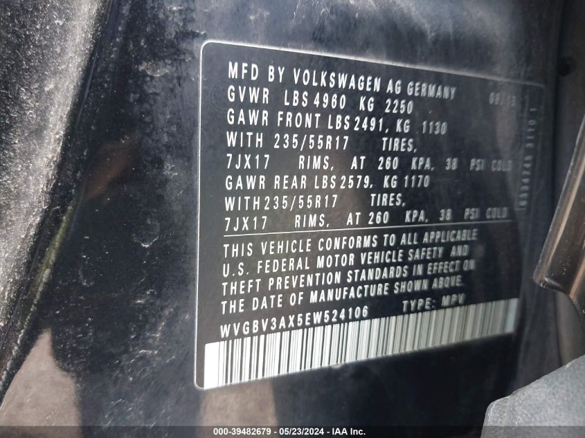 2014 Volkswagen Tiguan Se VIN: WVGBV3AX5EW524106 Lot: 39482679