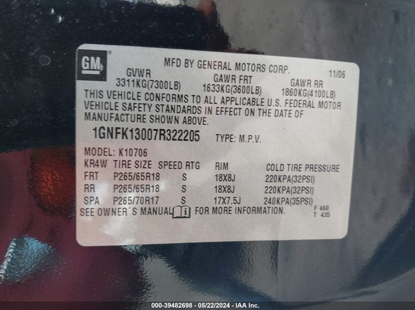 2007 Chevrolet Tahoe Lt VIN: 1GNFK13007R322205 Lot: 39482698