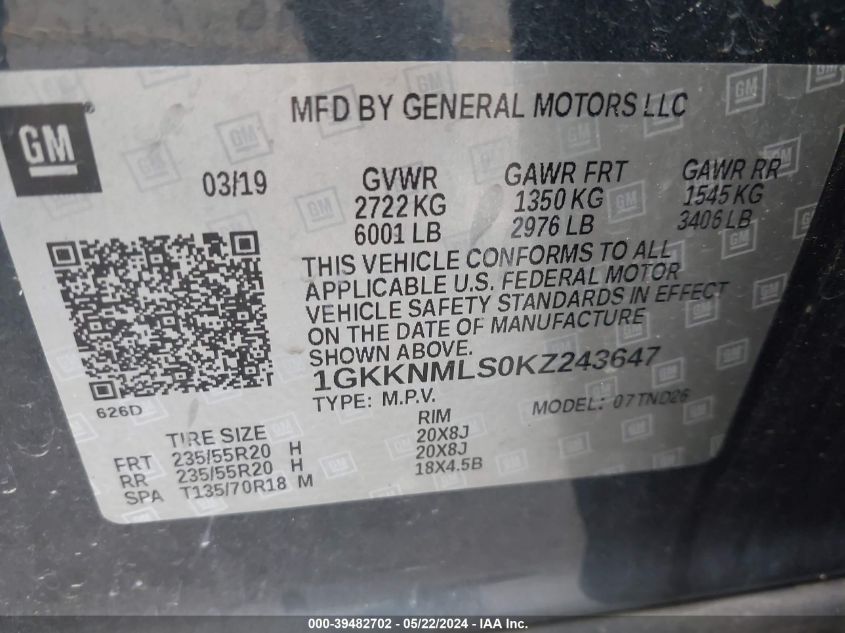 2019 GMC Acadia Slt-1 VIN: 1GKKNMLS0KZ243647 Lot: 39482702