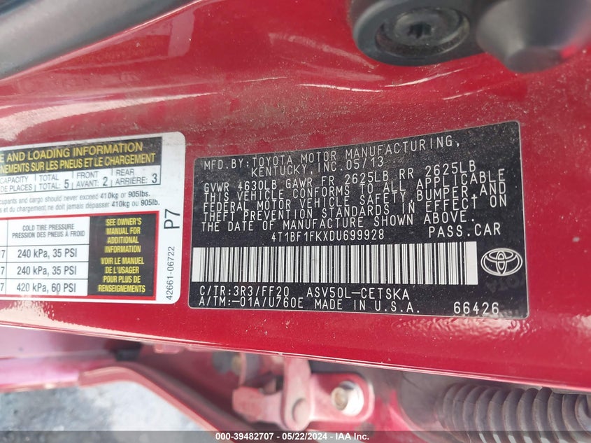 2013 Toyota Camry Se VIN: 4T1BF1FKXDU699928 Lot: 39482707
