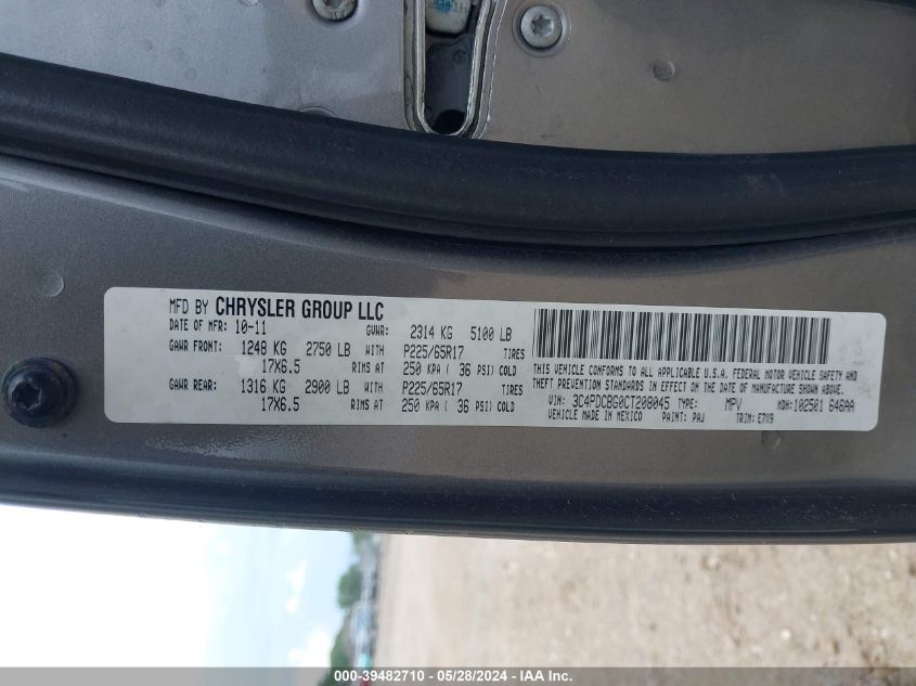 2012 Dodge Journey Sxt VIN: 3C4PDCBG0CT208045 Lot: 39482710