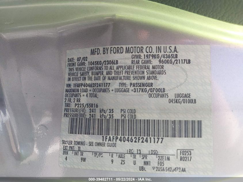2002 Ford Mustang VIN: 1FAFP40462F241177 Lot: 39482711