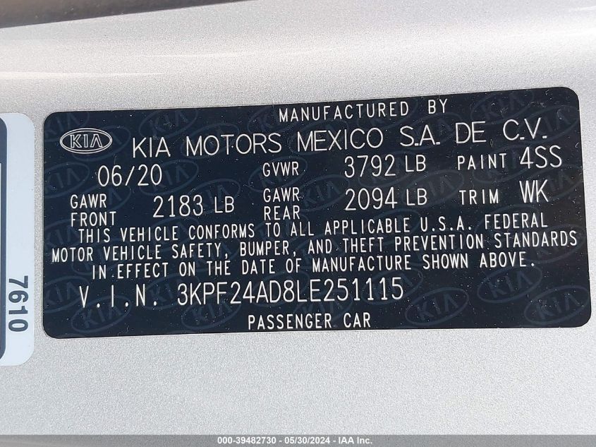 2020 Kia Forte Lxs VIN: 3KPF24AD8LE251115 Lot: 39482730