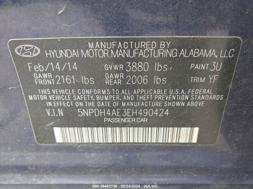 2014 Hyundai Elantra Se VIN: 5NPDH4AE3EH490424 Lot: 39482736