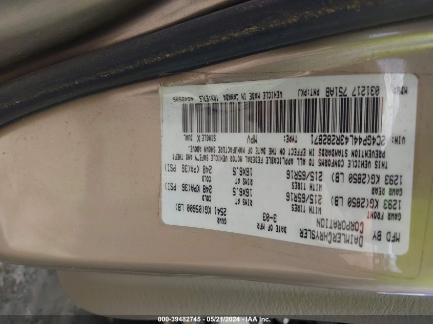 2003 Chrysler Town & Country Lx VIN: 2C4GP44L43R282871 Lot: 39482745