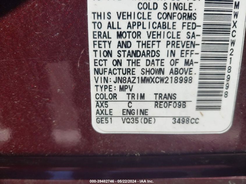 2012 Nissan Murano Sl VIN: JN8AZ1MWXCW218998 Lot: 39482746