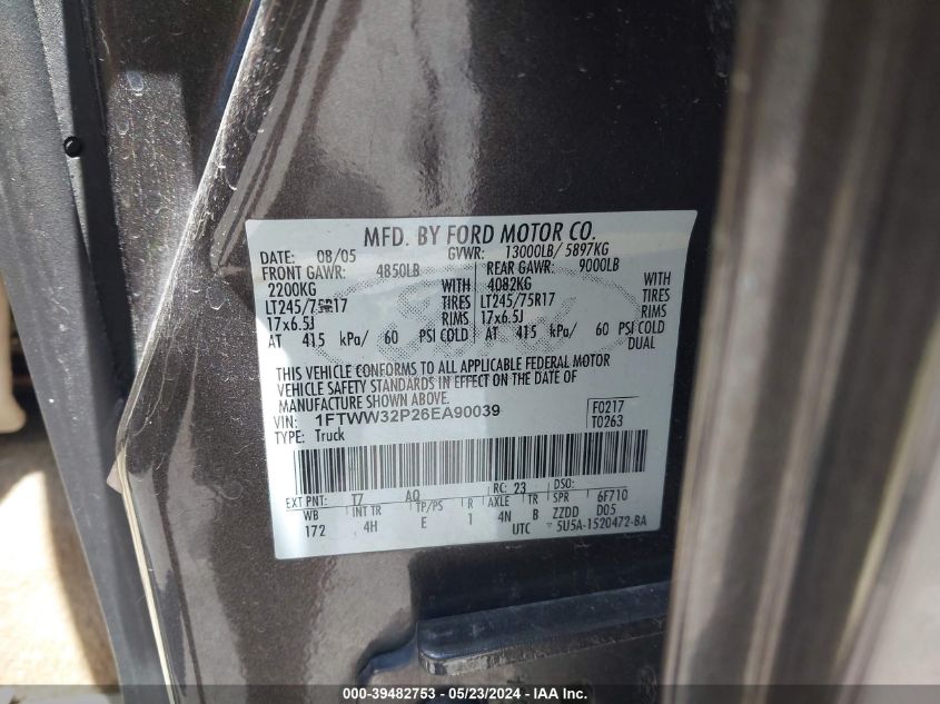 2006 Ford F-350 Lariat/Xl/Xlt VIN: 1FTWW32P26EA90039 Lot: 39482753