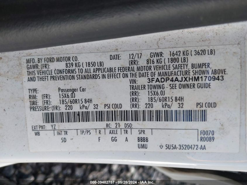 2017 Ford Fiesta S VIN: 3FADP4AJXHM170943 Lot: 39482757