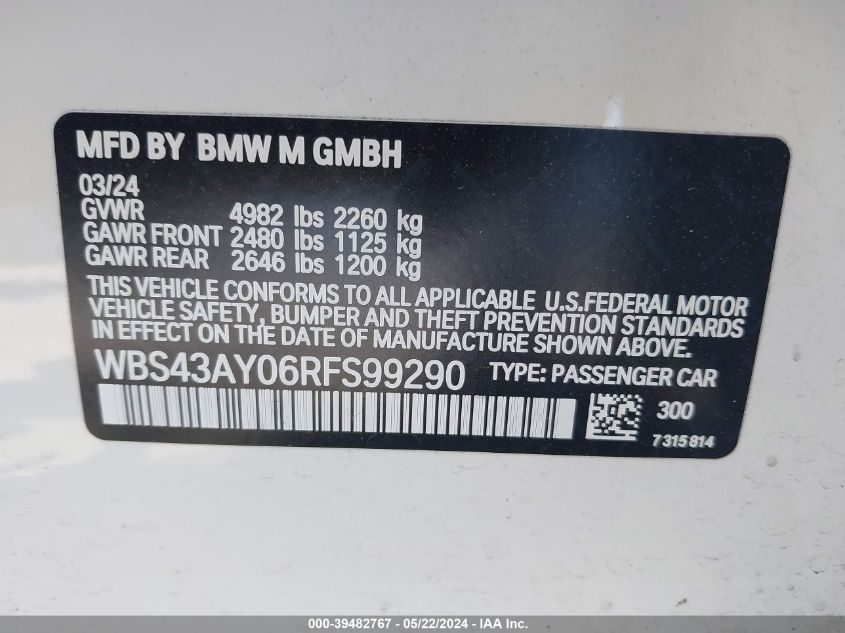 2024 BMW M3 Competition xDrive VIN: WBS43AY06RFS99290 Lot: 39482767