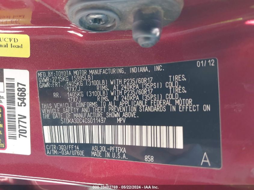 2012 Toyota Sienna Base 7 Passenger VIN: 5TDKA3DC4CS011497 Lot: 39482769