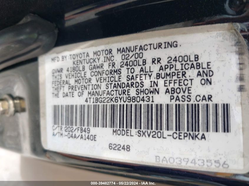 2000 Toyota Camry Le VIN: 4T1BG22K6YU980431 Lot: 39482774