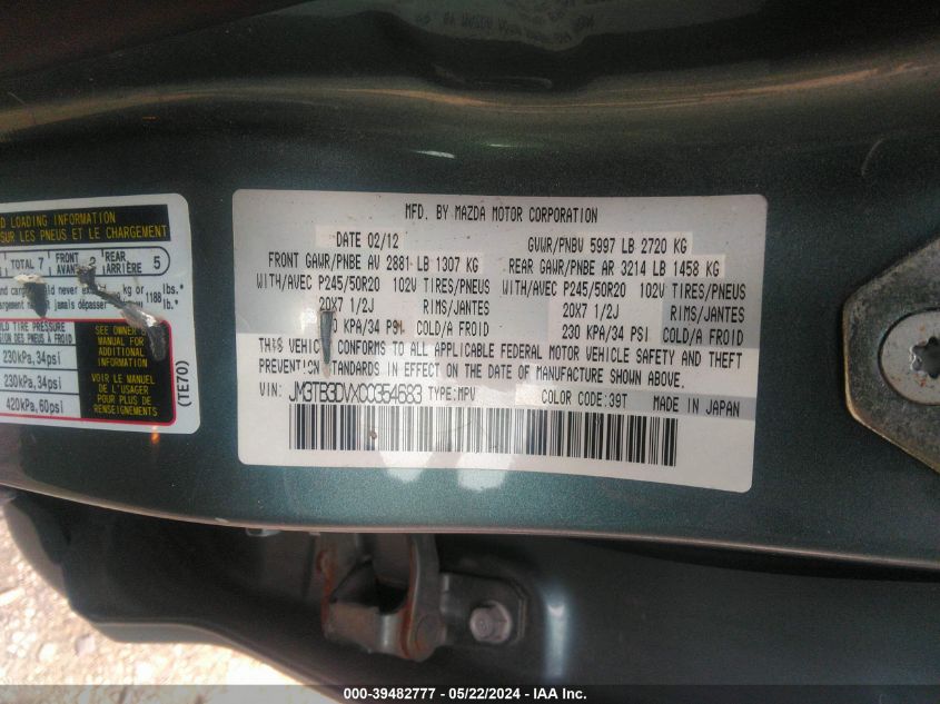 2012 Mazda Cx-9 Grand Touring VIN: JM3TB3DVXC0354683 Lot: 39482777