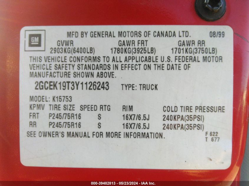 2000 Chevrolet Silverado 1500 Ls VIN: 2GCEK19T3Y1126243 Lot: 39482813