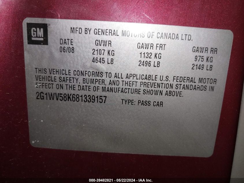 2008 Chevrolet Impala Lt VIN: 2G1WV58K681339157 Lot: 39482821