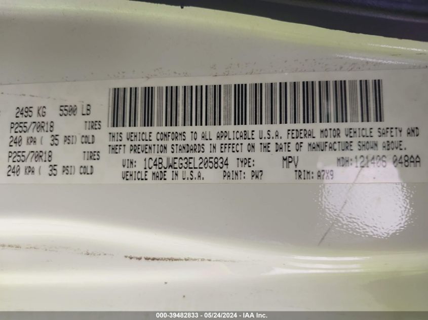 2014 Jeep Wrangler Unlimited Sahara VIN: 1C4BJWEG3EL205834 Lot: 39482833