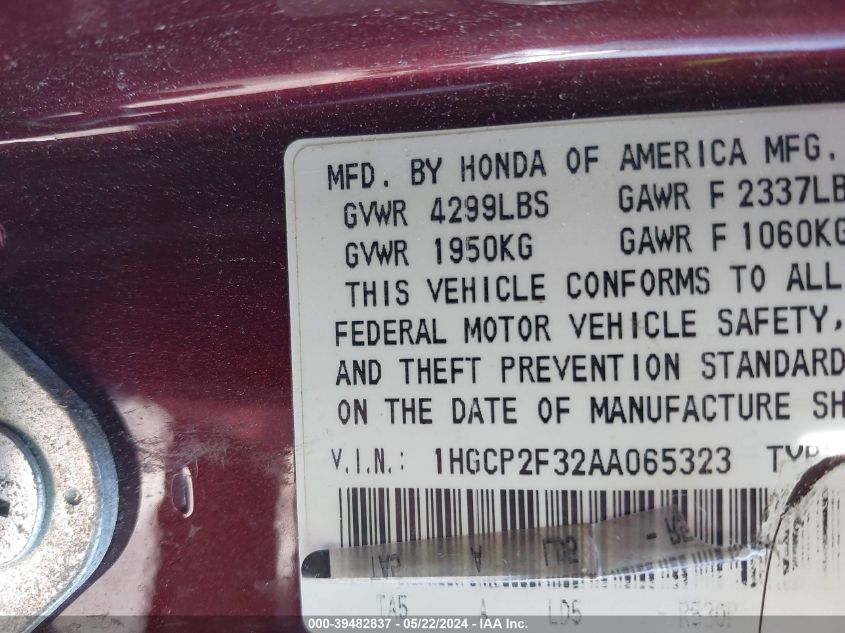 2010 Honda Accord 2.4 Lx VIN: 1HGCP2F32AA065323 Lot: 39482837