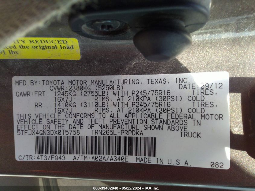 2013 Toyota Tacoma Prerunner VIN: 5TFJX4GN3DX015758 Lot: 39482848