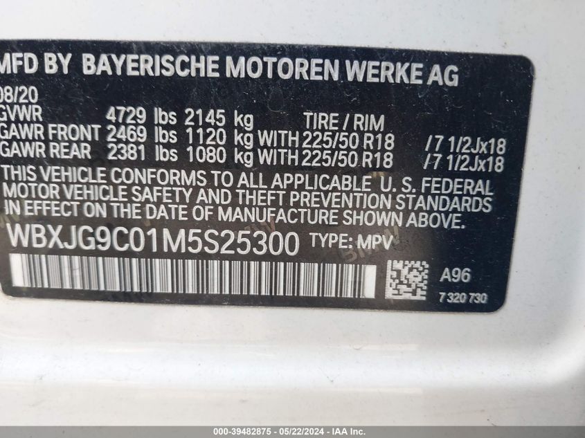 2021 BMW X1 xDrive28I VIN: WBXJG9C01M5S25300 Lot: 39482875