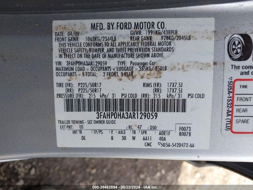 2010 Ford Fusion Se VIN: 3FAHP0HA3AR129059 Lot: 39482894