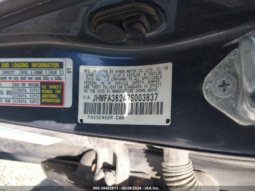 2007 Honda Civic Hybrid VIN: JHMFA36247S003837 Lot: 39482911