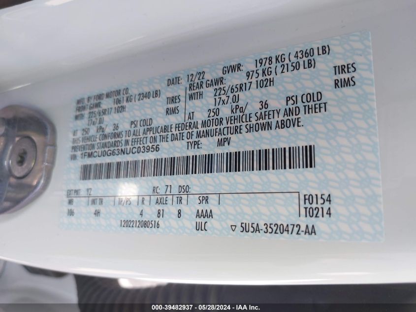 2022 Ford Escape Se VIN: 1FMCU0G63NUC03956 Lot: 39482937