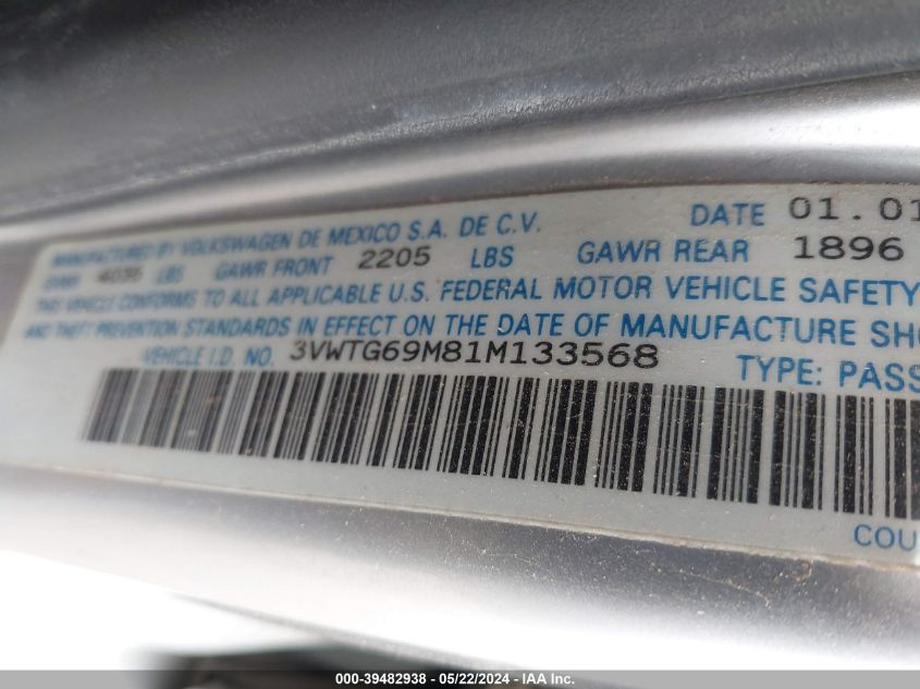 2001 Volkswagen Jetta Glx VIN: 3VWTG69M81M133568 Lot: 39482938