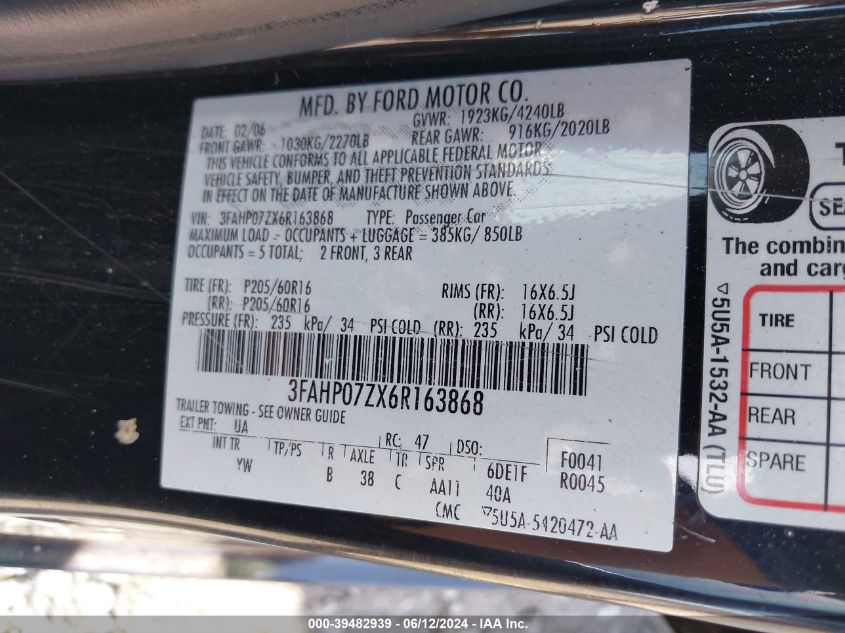 2006 Ford Fusion Se VIN: 3FAHP07ZX6R163868 Lot: 39482939