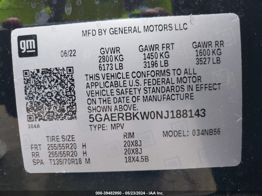 2022 Buick Enclave Fwd Essence VIN: 5GAERBKW0NJ188143 Lot: 39482950