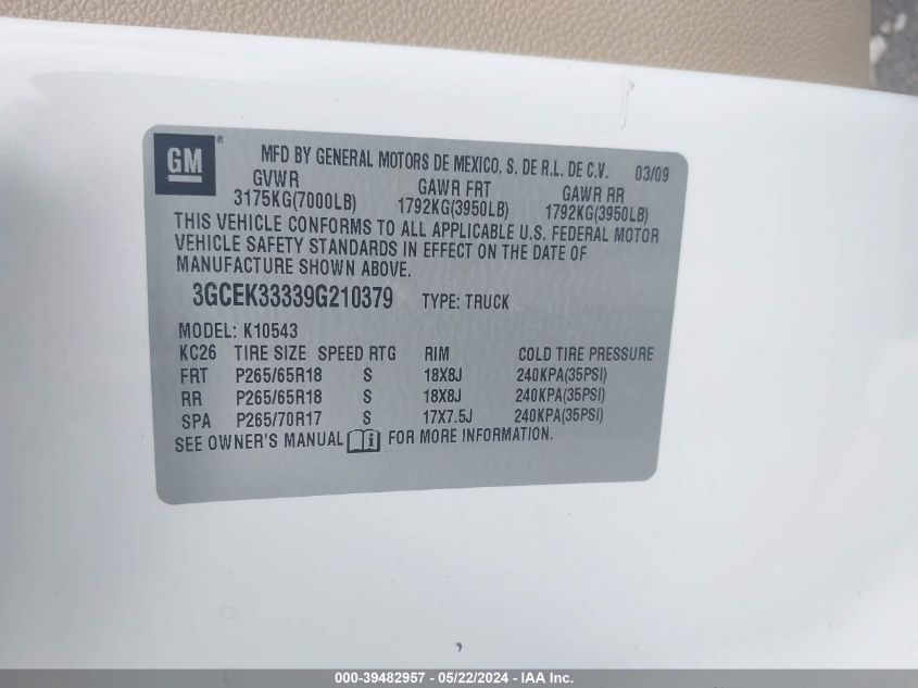 2009 Chevrolet Silverado 1500 Ltz VIN: 3GCEK33339G210379 Lot: 39482957