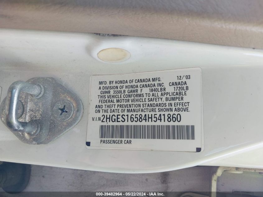 2004 Honda Civic Lx VIN: 2HGES16584H541860 Lot: 39482964