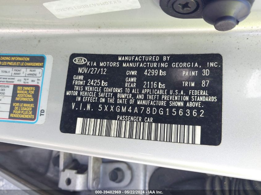 2013 Kia Optima Lx VIN: 5XXGM4A78DG156362 Lot: 39482969