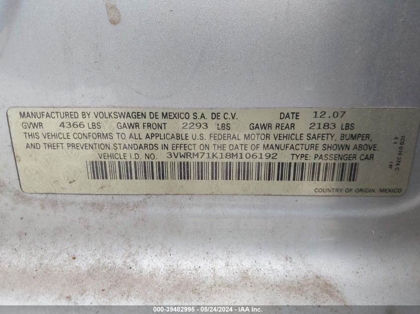 2008 Volkswagen Jetta Se/Sel VIN: 3VWRM71K18M106192 Lot: 39482995