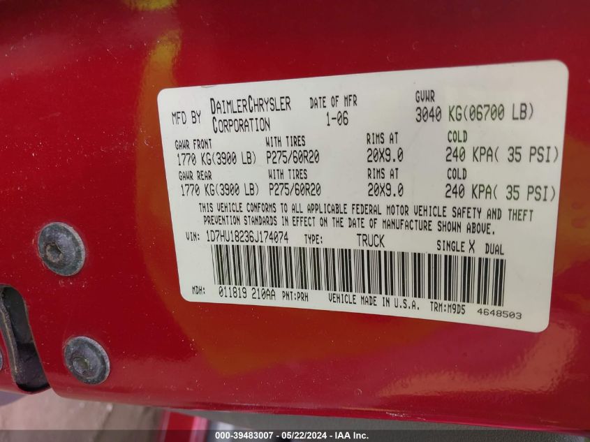 2006 Dodge Ram 1500 Slt/Trx4 Off Road/Sport VIN: 1D7HU18236J174074 Lot: 39483007