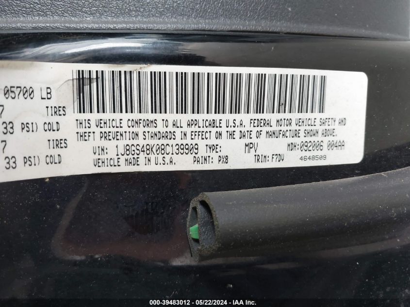 2008 Jeep Grand Cherokee Laredo VIN: 1J8GS48K08C139909 Lot: 39483012