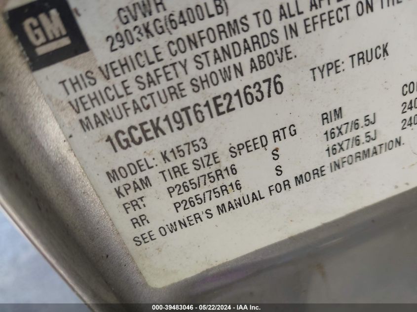 2001 Chevrolet Silverado 1500 Lt VIN: 1GCEK19T61E216376 Lot: 39483046