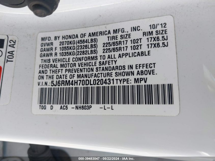 2013 HONDA CR-V EXL - 5J6RM4H70DL020431