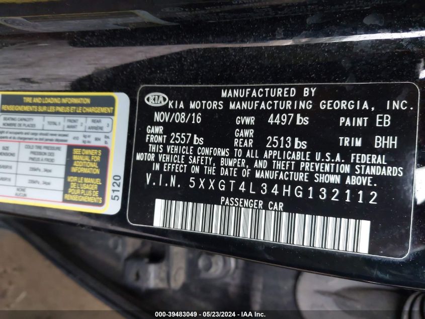 2017 Kia Optima Lx VIN: 5XXGT4L34HG132112 Lot: 39483049