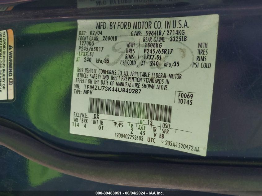 2004 Ford Explorer Nbx/Xlt VIN: 1FMZU73K44UB40287 Lot: 39483051