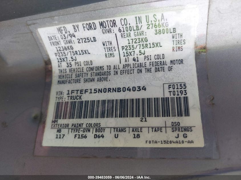 1994 Ford F150 VIN: 1FTEF15N0RNB04034 Lot: 39483059