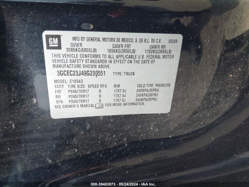2009 Chevrolet Silverado 1500 Lt VIN: 3GCEC23J49G230551 Lot: 39483073