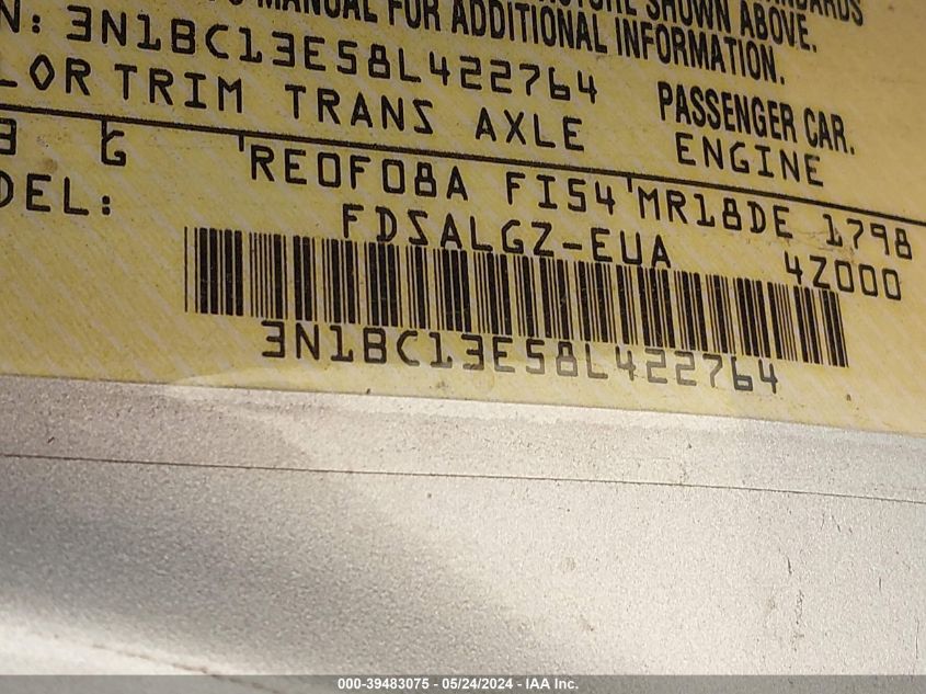 2008 Nissan Versa 1.8Sl VIN: 3N1BC13E58L422764 Lot: 39483075