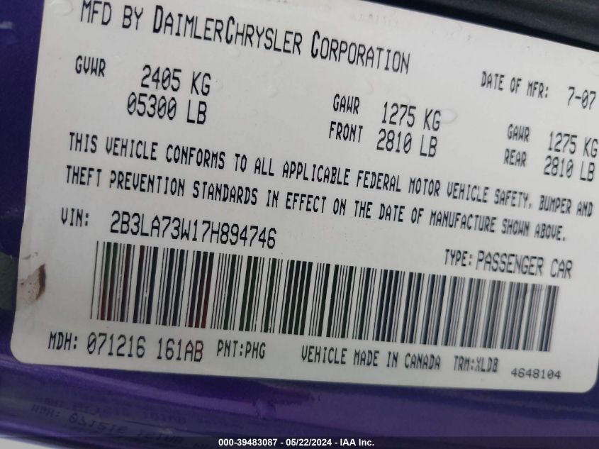 2007 Dodge Charger Srt8 VIN: 2B3LA73W17H894746 Lot: 39483087